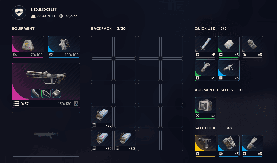 All-rounder PvP loadout screen showing equipment, backpack, quick use, augment slot, and safe pocket
